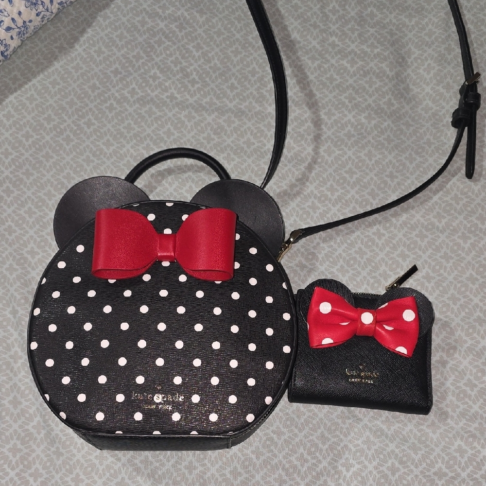 Kate Spade Black and White Polka Dot Bag with Red Bow And Wallet